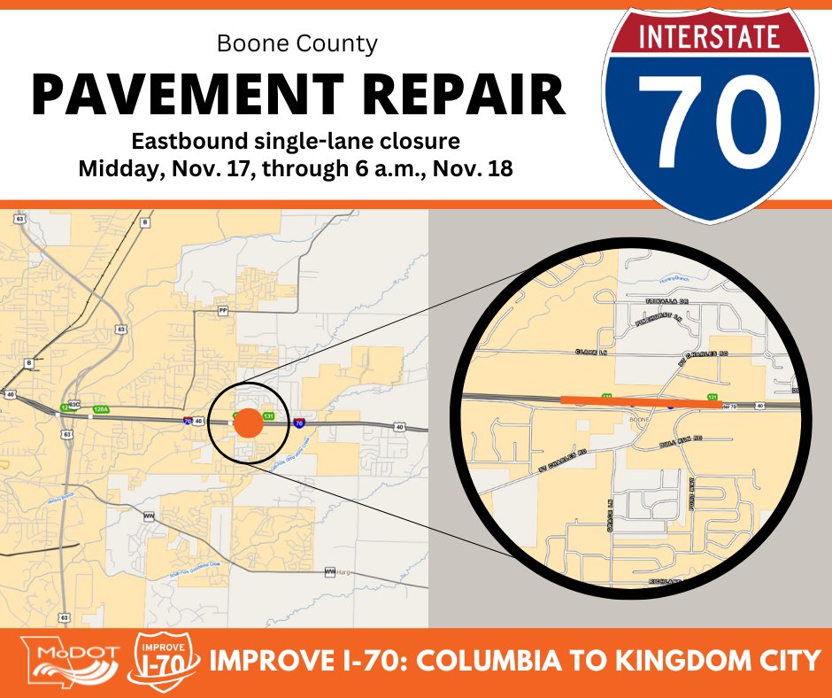ATTN COLUMBIA: Eastbound I-70 in Columbia has been reduced to one lane for emergency pavement repairs. The single lane closure at St. Charles Road, near mile marker 131, is anticipated to remain in place until 6 a.m. Tuesday, Nov. 18.  

Learn more: modot.org/node/80127
