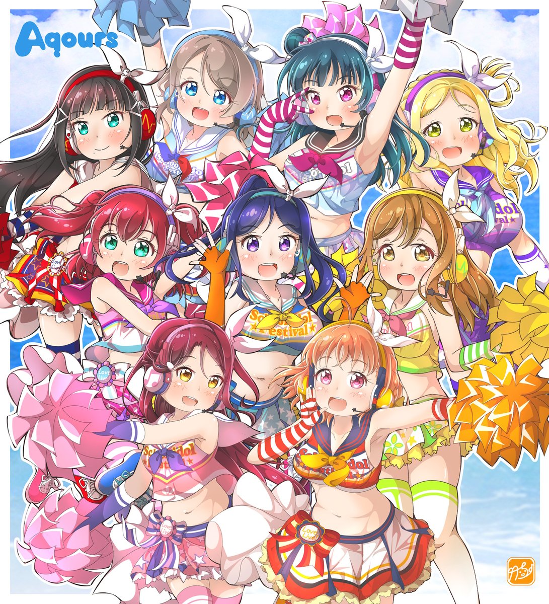 国木田花丸 ,黒澤ダイヤ ,黒澤ルビィ ,松浦果南 ,小原鞠莉 ,桜内梨子 ,高海千歌 ,津島善子 ,渡辺曜 「#遅咲き絵師の輪 高校の美術デザイン科を心の病で中退して、一度はクリエイターの道」|竹ちょ@ワクチン4回接種済みのイラスト