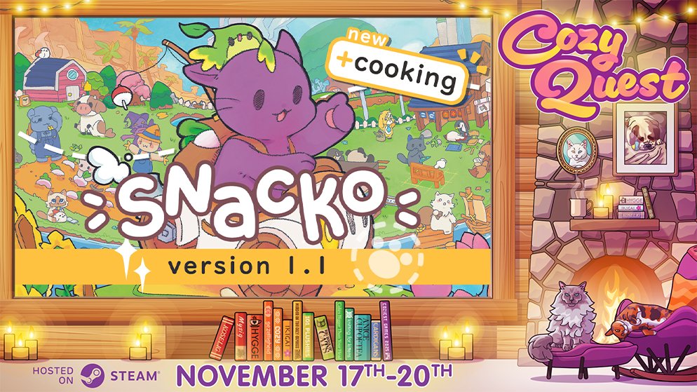 We're part of the Cozy Quest event on Steam!
Grab Snacko for 25% off and...vote for us? :)

Categories we're in:
- Coziest Simulation Game
- Coziest Hidden Gem
- Best of the Quest