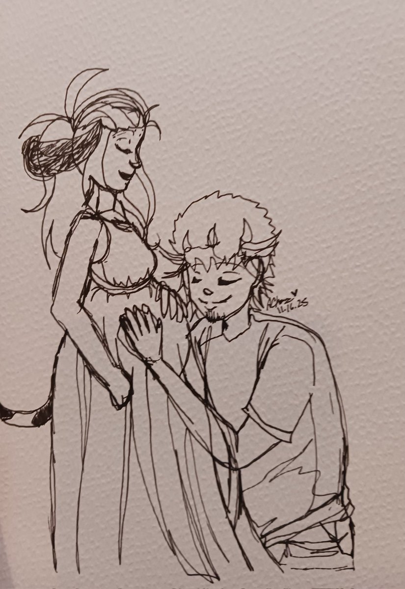 Mostly one line drawing (apart from the facial features) of my vtuber and my husband's, featuring the irl baby bump. Just thought it'd be a cute idea. 

Drawing characters with one line drawing is harddd!

#rkgk #oc #artmoots #traditionalart