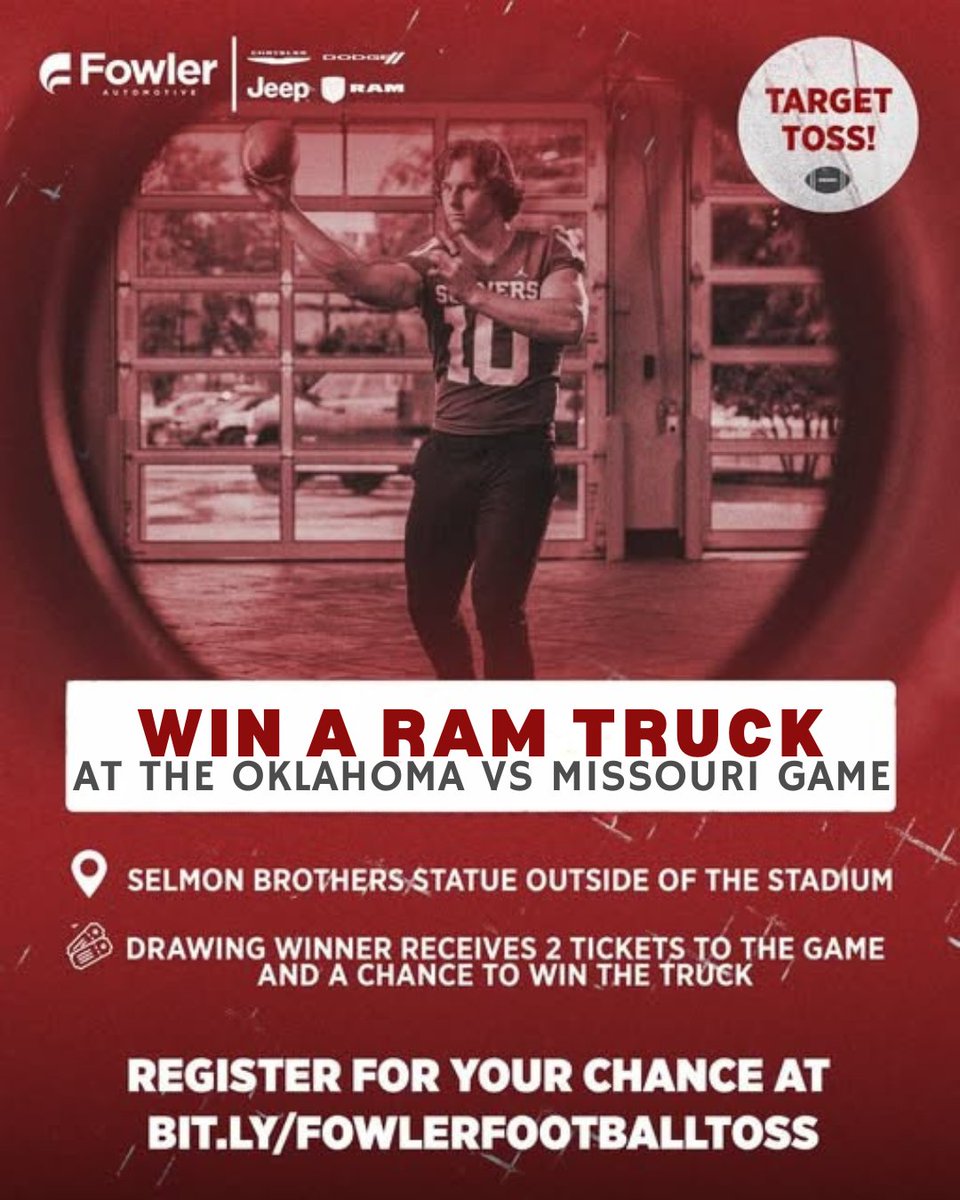 Want to be at the OU vs Missouri game AND possibly drive home in a Ram truck? 🚘🏈 Enter now through the link! Good luck and Boomer! #Fowler #FowlerAuto #Auto #FowlerDodge #OUFootball #Boomer #OU #Giveaway #OUvsMissouri 

loom.ly/pEikERo