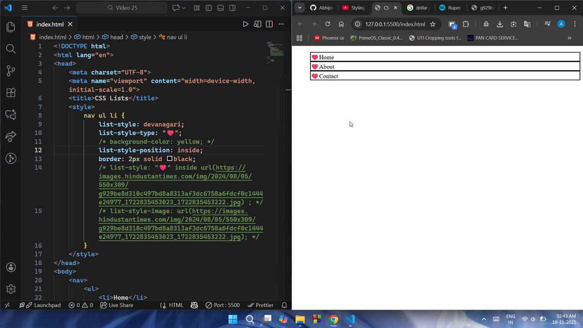 Abhijeetb0's tweet image. 🚀 Day 13/100 - #100DaysOfCode
16/11/2025
What I learnt 👨🏻‍💻 today - 
⭕Web Dev :-
✅ Styling List using CSS
✅ Practiced this concept
#LearnInPublic #letsconnect #WebDevelopment