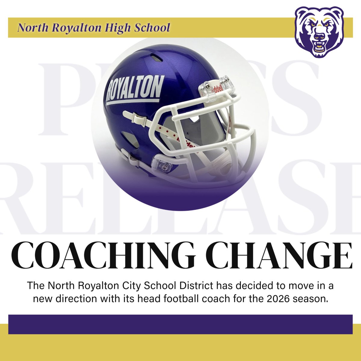 NRAthletics's tweet photo. North Royalton City Schools announces a head football coaching search. After 21 seasons, Nick Ciulli will step down as head coach. We thank Coach Ciulli for his dedication to our student-athletes &amp; community. His influence extends far beyond the field. https://t.co/1f2sosJdYT