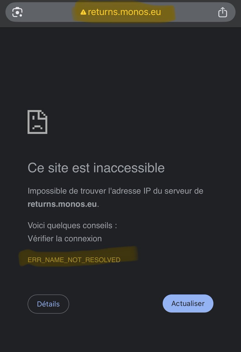 Clement__mp's tweet photo. I placed an order on @MonosTravel https://t.co/3E8tPZBswK and it says that returns are possible.

Except that the site dedicated to returns from Europe https://t.co/7NnmsRjd6X doesn’t work and no solution is offered to me.

The possibility of making a return would be a lie? https://t.co/llITiIasPh