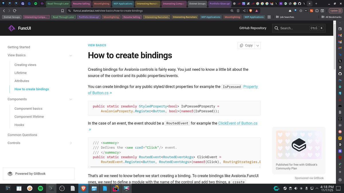 Mike_Preston17's tweet image. Here&apos;s my (cursory) take on FuncUI, for the 2 #Fsharpdevs who follow me:

1. I love that F# is super expressive and precise with meaning when dealing with components.

2. I&apos;m not for DSL&apos;s in C#, but for #AvaloniaUI and #Fsharp it works perfectly in components because no longer…