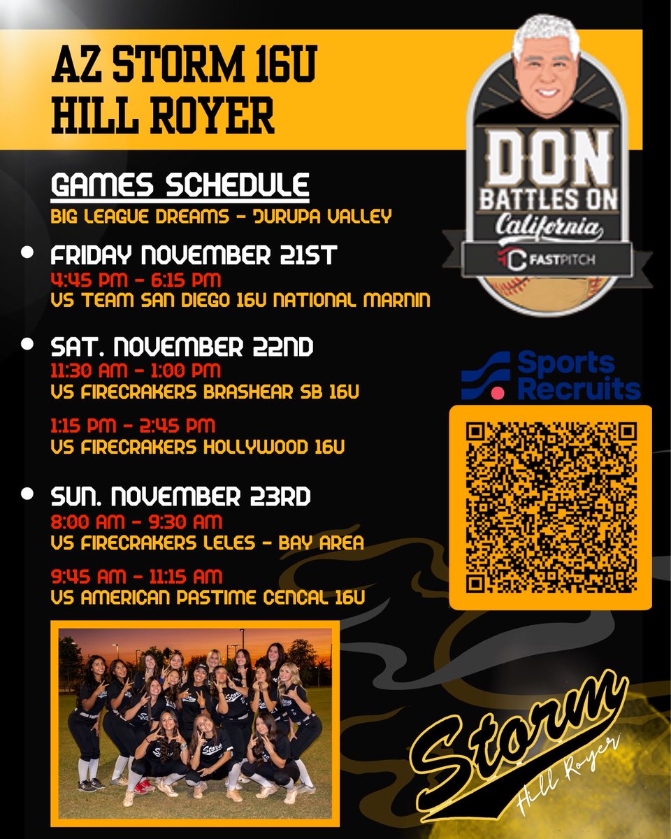 Stormhillroyer's tweet photo. AZ Storm Hill-Royer 16U will be at Don Battles On this weekend in Jurupa Valley.
Loaded schedule, elite competition, and a roster full of next-level athletes.
College coaches—come check us out!
#SoftballRecruits #CollegeCoaches #TCSFastpitch #DonBattlesOn #StormStrong https://t.co/0WwYJVe5Bc