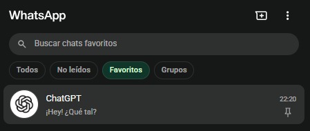Hoy me he puesto ChatGPT en el Whatsapp.

Para hacerlo simplemente tienes que agregar este número a tu agenda de contactos: +1 (800) 242-8478

También lo puedes enlazar a tu cuenta si tienes cuenta pro.

Parece una tontería pero es una app menos ocupando espacio. De nada.