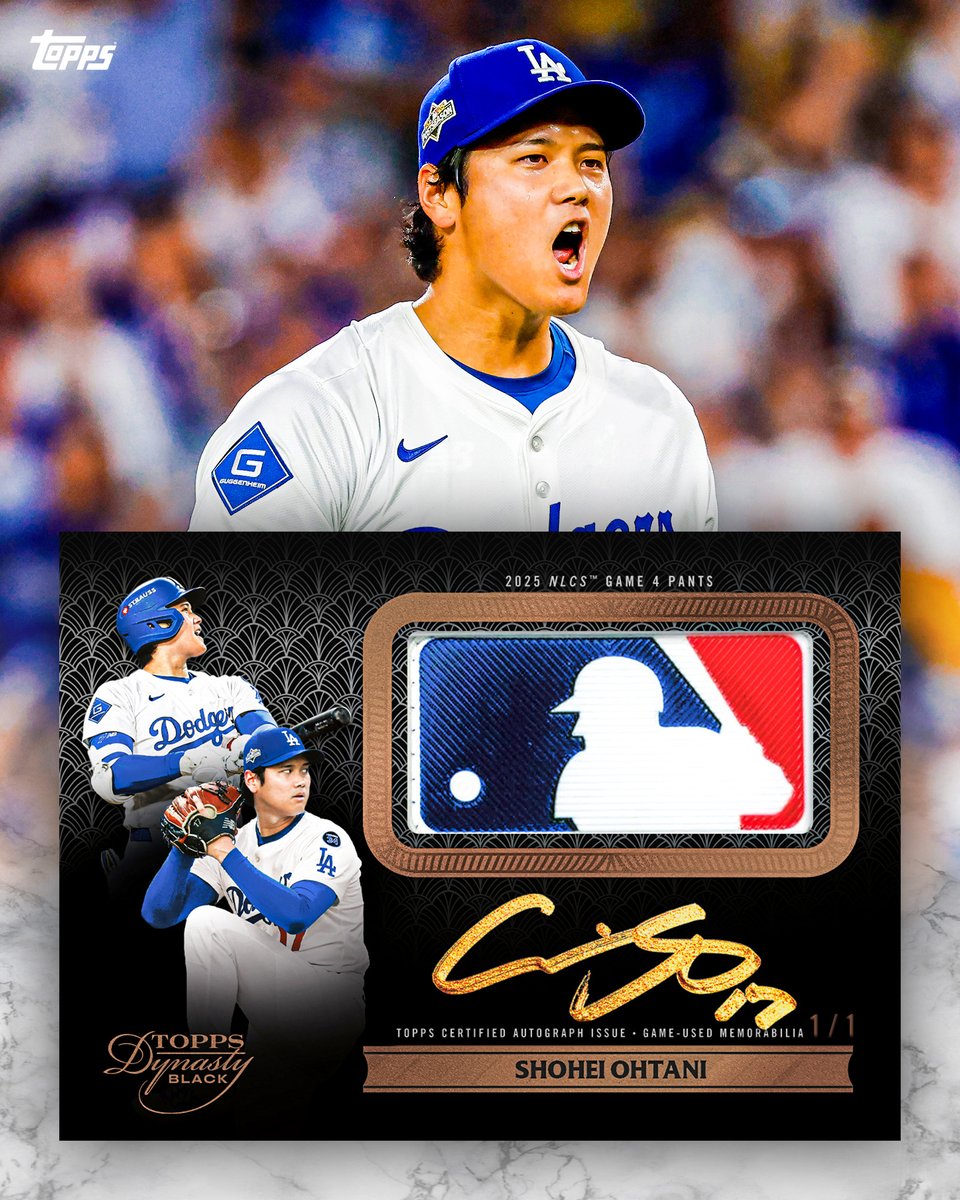 BREAKING: The game-worn logoman patch from Shohei Ohtani's historic 3 home run &amp; 10 strikeout NLCS Game 4 is going into a 1/1 Dynasty Black trading card.

This one-of-a-kind card is going into a random pack of 2025 Topps MLB MVP Collection, coming soon 👀