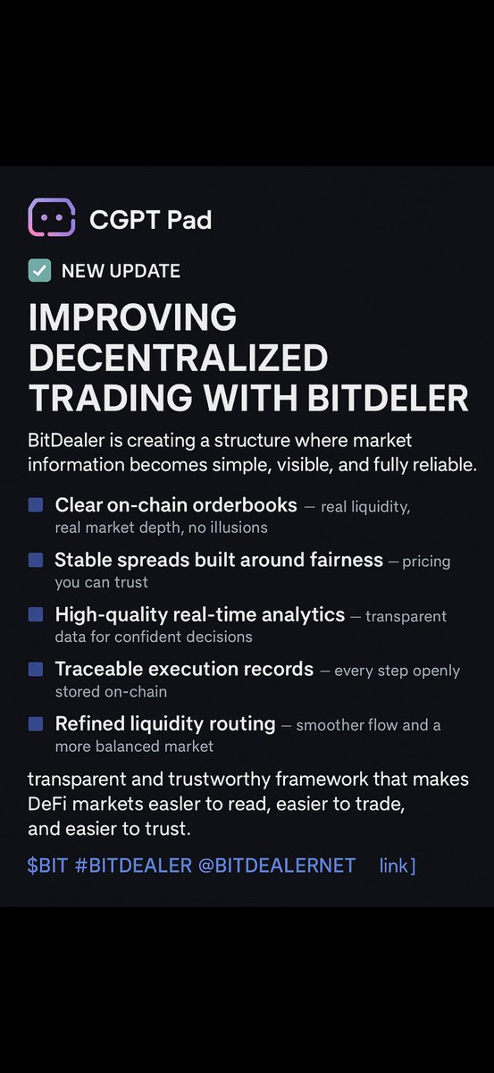 Just dropped a new update on CGPT Pad, taking another look at how BitDealer keeps improving the foundations of decentralized trading.
What really stands out this time is how much emphasis the project puts on clarity and consistency — something DeFi desperately needs as it