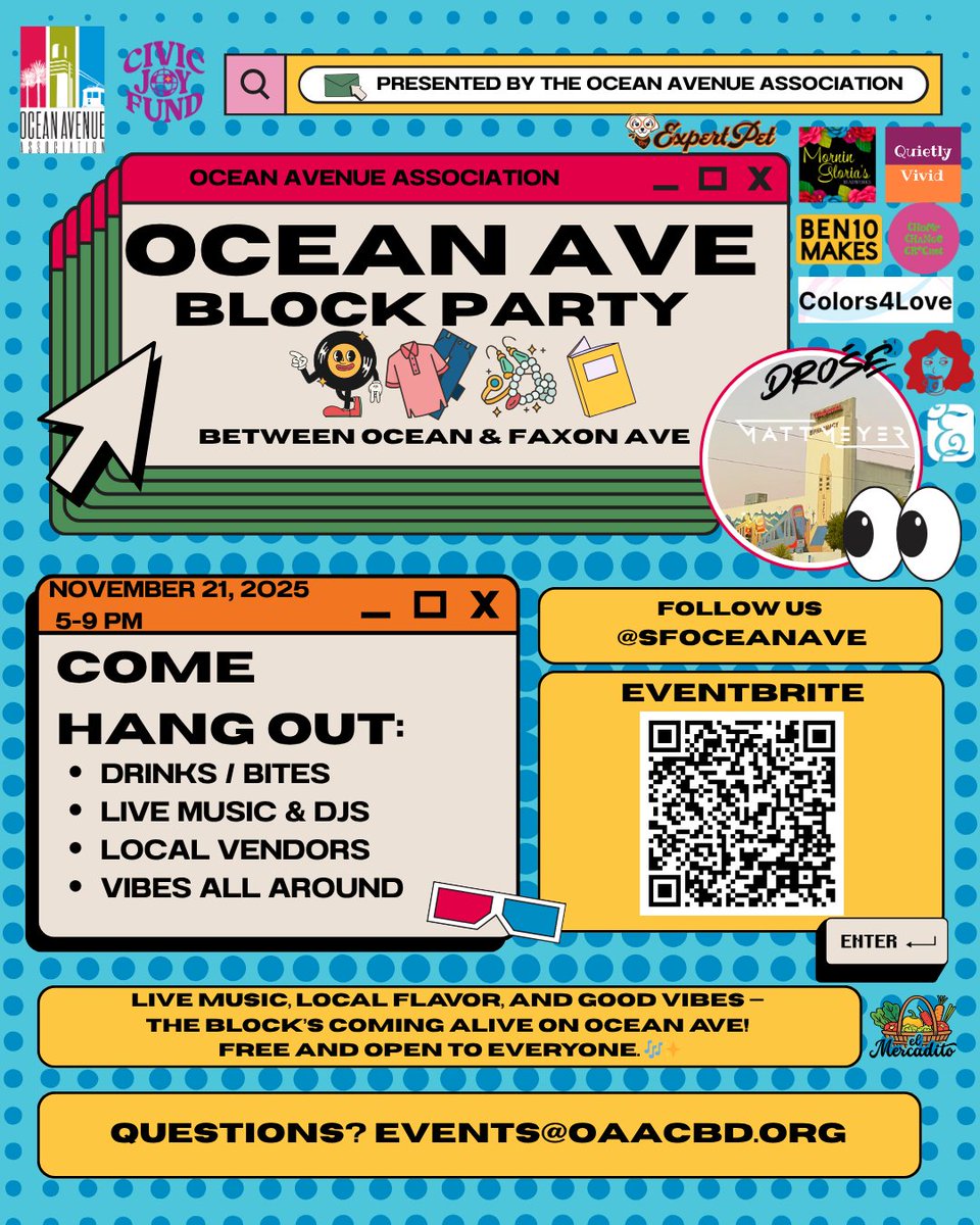 The Ocean Ave Block Party is back on Nov 21, 5–9 PM at Ocean &amp; Faxon! Meet local vendors including Ben10 Makes, Quietly Vivid, Siena’s Secondhand &amp; Crochet, plus hot drinks from Charm Coffee. More vendors to come, plus live DJs, food, and fun. tinyurl.com/47pkcxsp