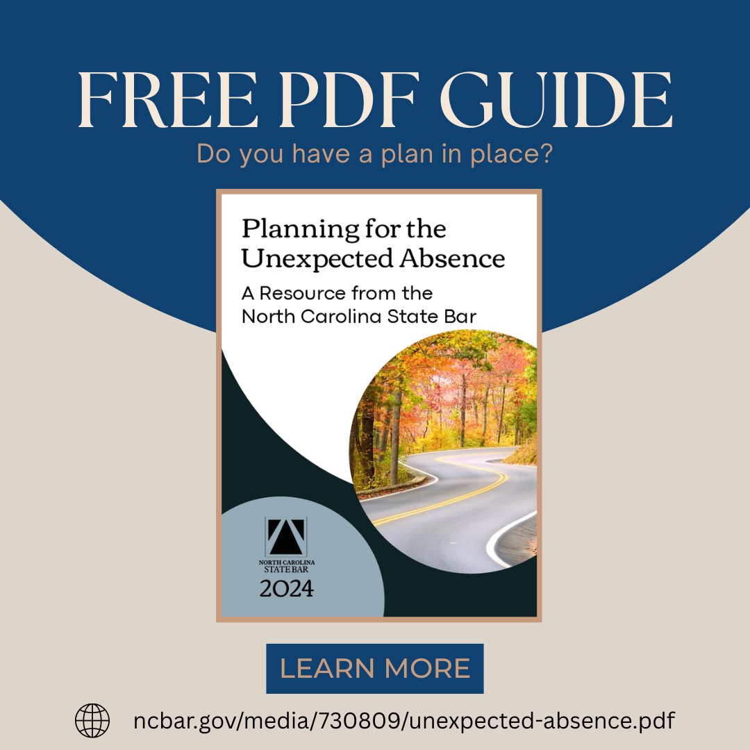 Do you have a plan in place? Planning ahead protects your clients, your colleagues, and your professional legacy.

Start today with this State Bar guide:
ncbar.gov/media/730809/u…

Portal:
portal.ncbar.gov