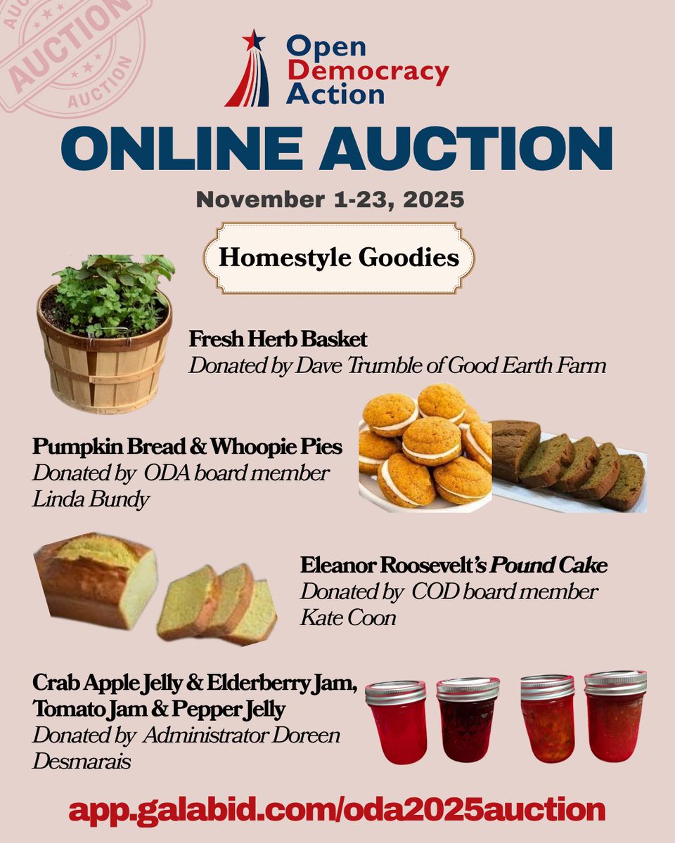 OpenDemoAction's tweet image. Every dollar raised supports Open Democracy Action&apos;s mission to build a more transparent, accountable, and inclusive democracy for Granite Staters.

🌿🥧 Bid now: app.galabid.com/oda2025auction…

#Auction #opendemocracyactionnh #NewHampshire