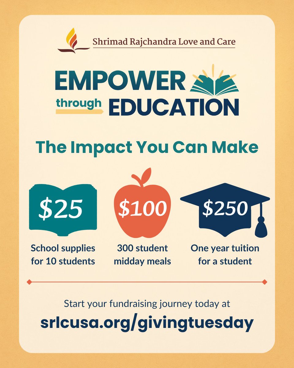 SRLCUSA's tweet photo. This #GivingTuesday, help underserved youth in India access school supplies, meals, and scholarships through SRLC USA’s #EmpowerThroughEducation campaign. 📚✨
$25 = supplies
$100 = 300 meals
$250 = tuition
🔗 https://t.co/61SQ7AKEbh
#SRLC #GivingTuesday #EducationForAll https://t.co/REKo7gBdB6