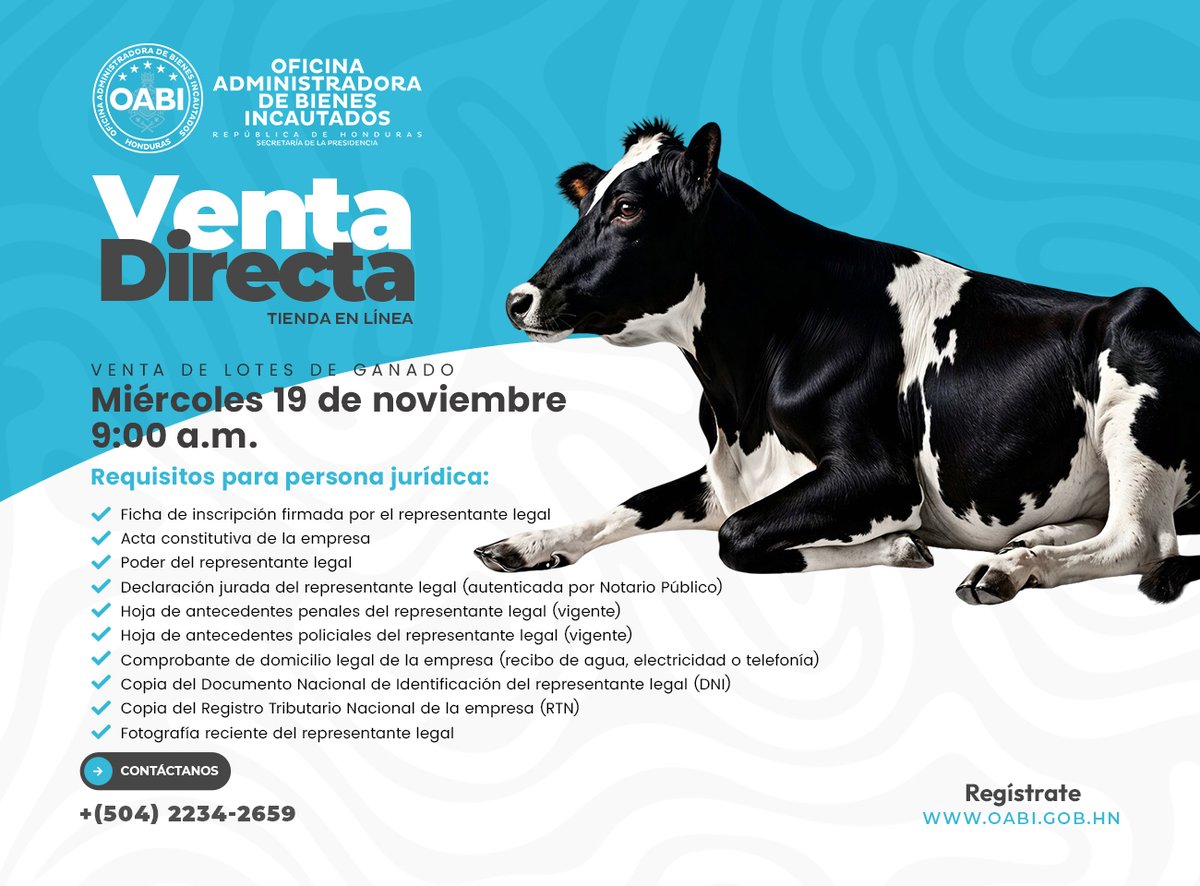 #LaNuevaOABISiCumple | ¡Muy pronto la Venta Directa de Lotes de Ganado!  📅Miércoles 19 de noviembre, desde las 9:00 a.m.
A través de nuestra tienda en línea 🌐 oabi.gob.hn
Solo para participantes registrados.
 👉 Regístrate hoy en oabi.gob.hn