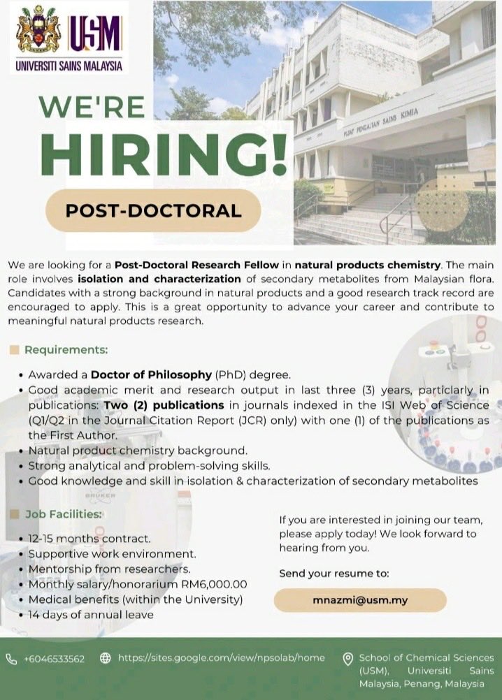 clearmyudaan's tweet image. *They are looking for Postdoctoral Researcher in Natural Products Chemistry to be a part of their research team.*
Email your CV at
mnazmi@usm.my
Deadline 30/11/2025

📢 𝐒𝐭𝐚𝐲 𝐚𝐡𝐞𝐚𝐝 𝐰𝐢𝐭𝐡 𝐝𝐚𝐢𝐥𝐲 𝐬𝐜𝐡𝐨𝐥𝐚𝐫𝐬𝐡𝐢𝐩 𝐮𝐩𝐝𝐚𝐭𝐞𝐬 – 𝐣𝐨𝐢𝐧 𝐮𝐬 𝐧𝐨𝐰!…