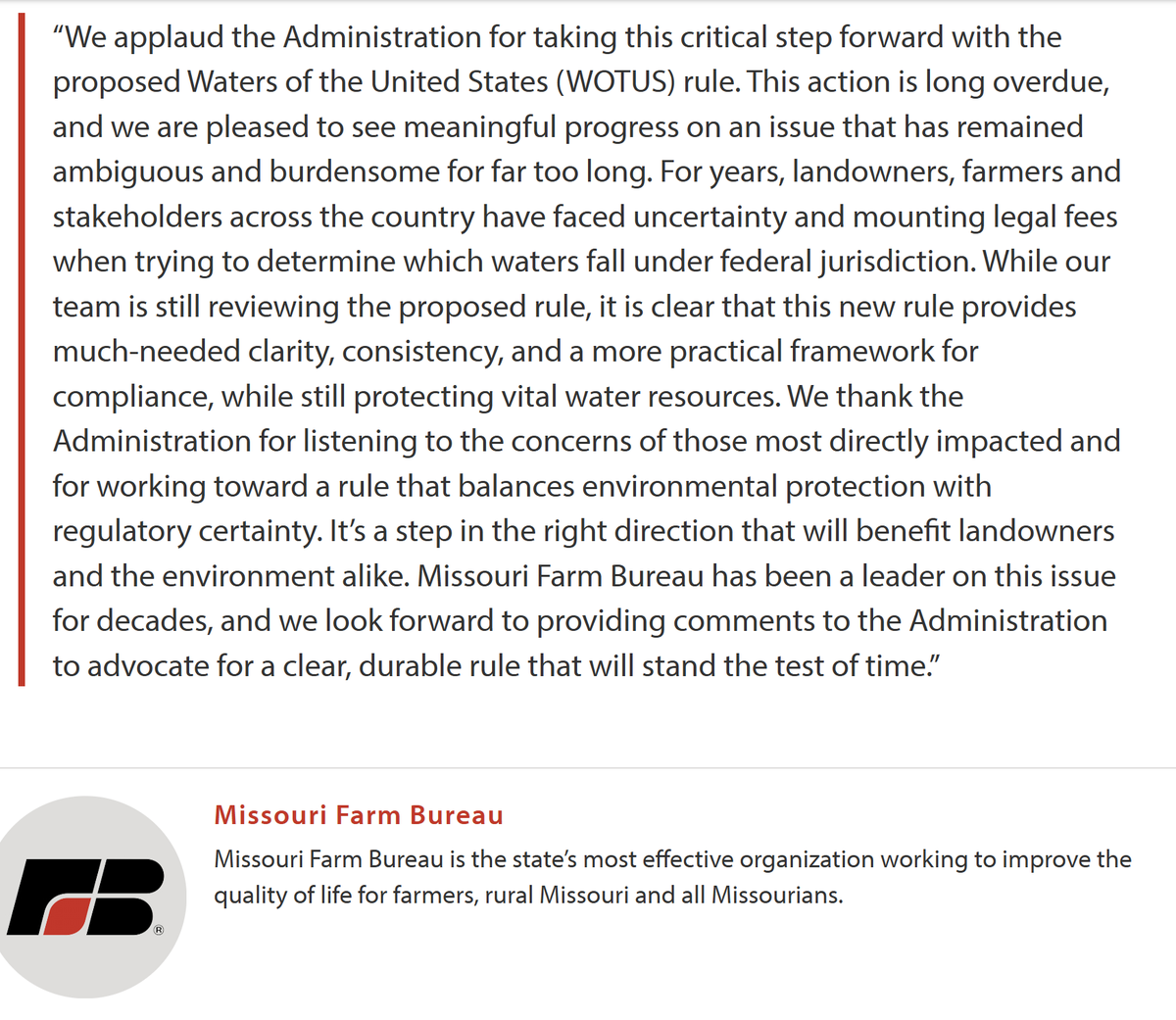 MOFarmBureau's tweet image. #MOFB President @JGarrettHawkins released the following statement on the Trump Administration’s updated proposed WOTUS rule:
mofb.org/hawkins-issues…
#missourifarmbureau #moag #missouriagriculture @epaleezeldin @EPA