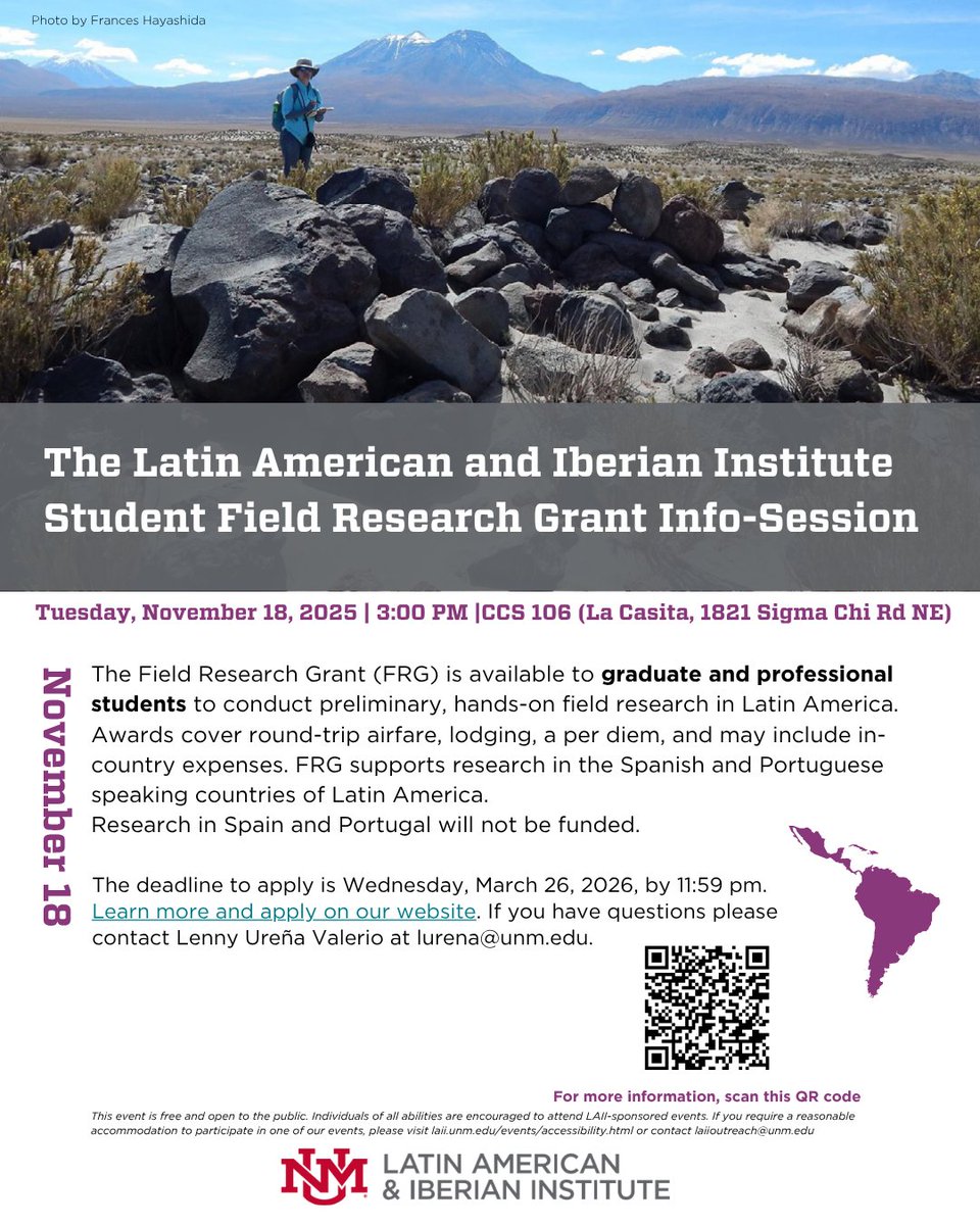 Save the Date!  
The LAII Student Field Research Grant Info-Session 
 
Tuesday, November 18, 2025, 3:00 pm  

Event Located at La Casita 1821 Sigma Chi Rd NE

We hope to see you there!✈️