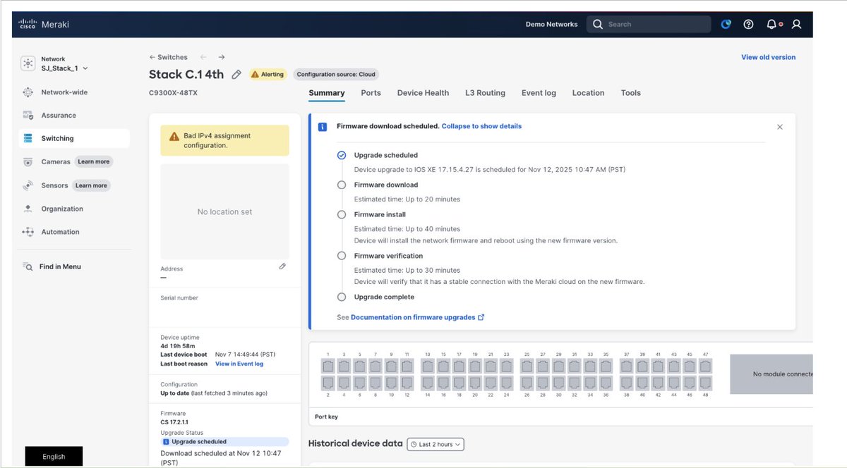 CiscoNetworking's tweet image. We’re excited to announce a new enhancement for IOS XE switches being managed from Meraki dashboard. Firmware Upgrade Status provides in-depth insight into the status of your devices as they progress through the firmware upgrade process. 

Read more: cs.co/60117eNnD
