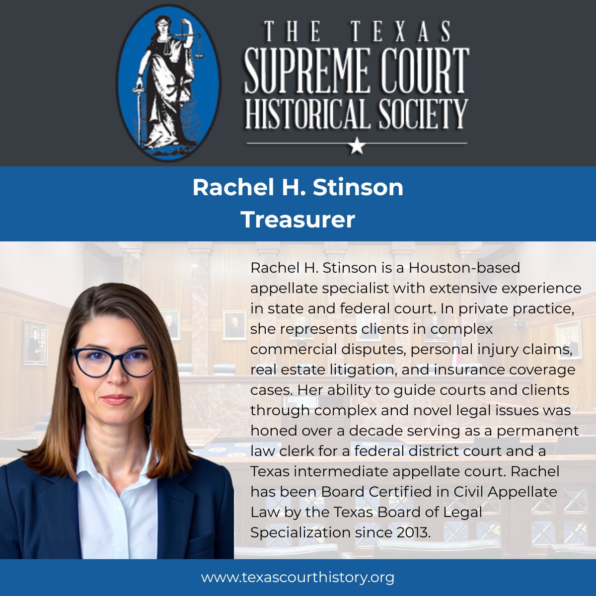 We are excited to next spotlight Rachel H. Stinson. Rachel is the current Treasurer of the Texas Supreme Court Historical Society. She is a partner at Wright Close Barger &amp; Guzman.

#TXlaw #TXlawyer #TXlawyers #TSCHS #SCOTX