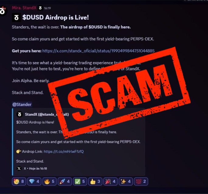 🚨 Discord Security Alert 🚨

Any 'StandX Airdrop' links or 'Airdrop Announcement' Discord channels are a scam and being dealt with. Do not click.

Stay safe.