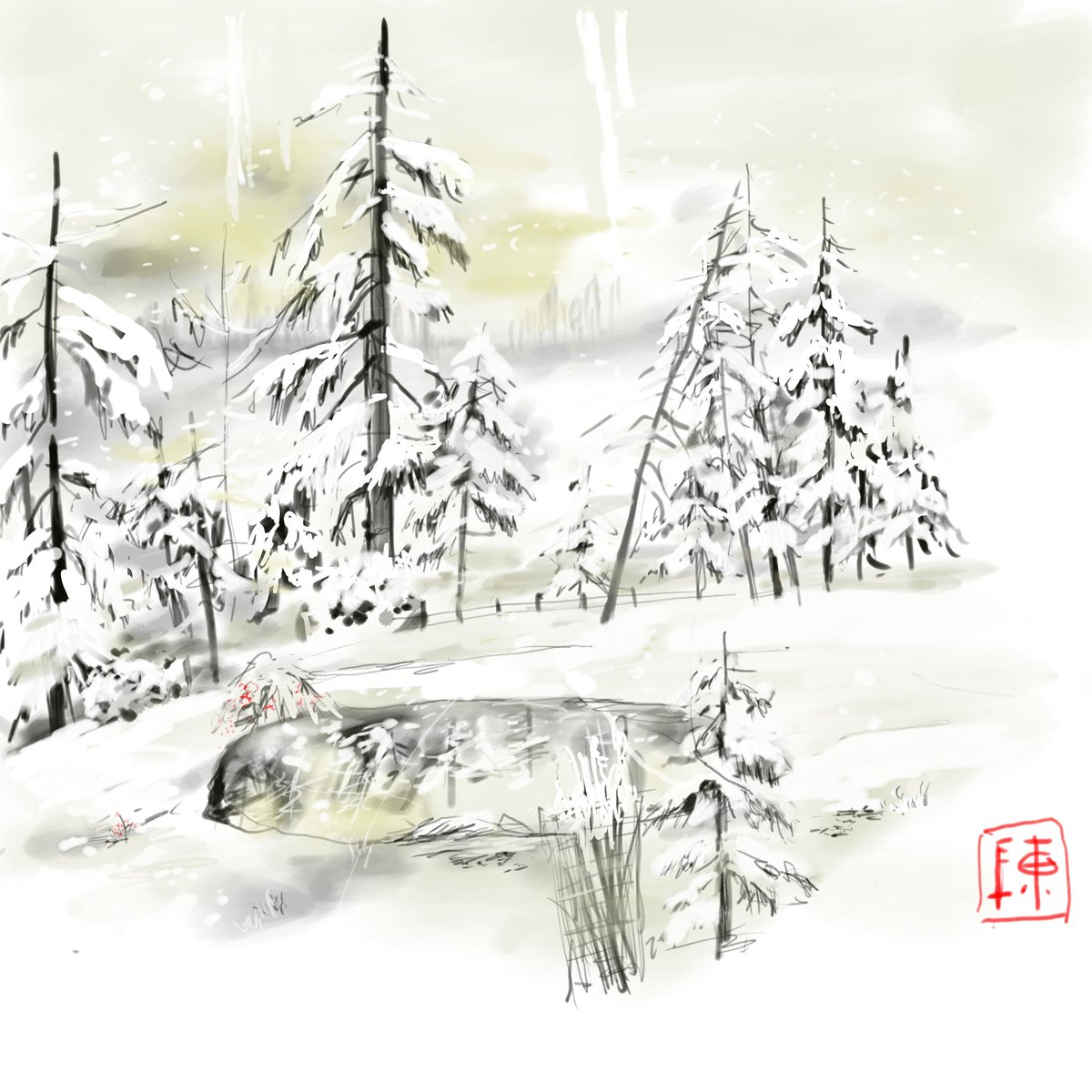 And here is winter. No, only in my dreams and paintings but snow might fall in about a week. Waiting is hard.