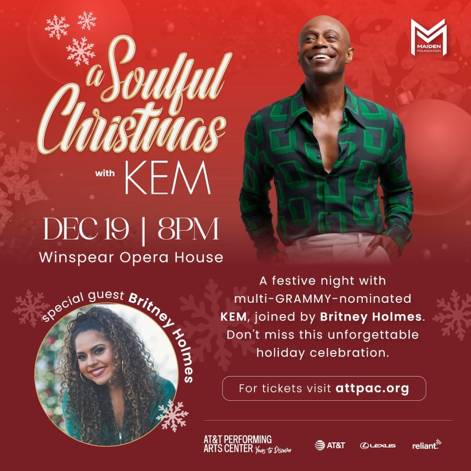 ATTPAC's tweet image. 🎄 Celebrate the season with soul. ✨

Join us for A Soulful Christmas with @MusicByKEM, ft special guest @MsBritneyHolmes, on December 19 at the Winspear Opera House! 🎤🎶

🎁 Make it a holiday to remember! Grab your tickets today! 🎟️ bit.ly/45Xm0m2
