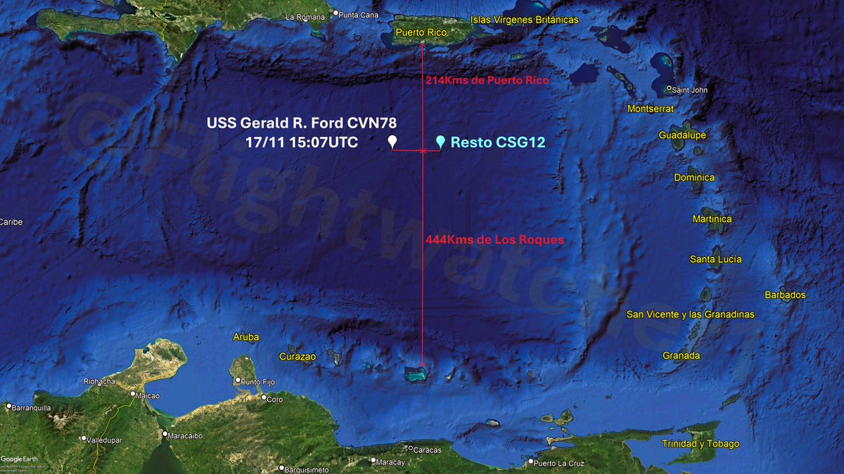 Flightwatcher1's tweet image. Ubicación del USS Gerald R. Ford (CVN78) a las 15:07UTC de hoy dia 17/11 en imágenes del satélite Sentinel-2, el grupo estaría disperso con el portaviones al oeste del resto del CSG12 
Se encontraría a 214Kms al sur de Puerto Rico🇵🇷 y a 444Kms de los Roques🇻🇪
#USNavy #SOUTHCOM