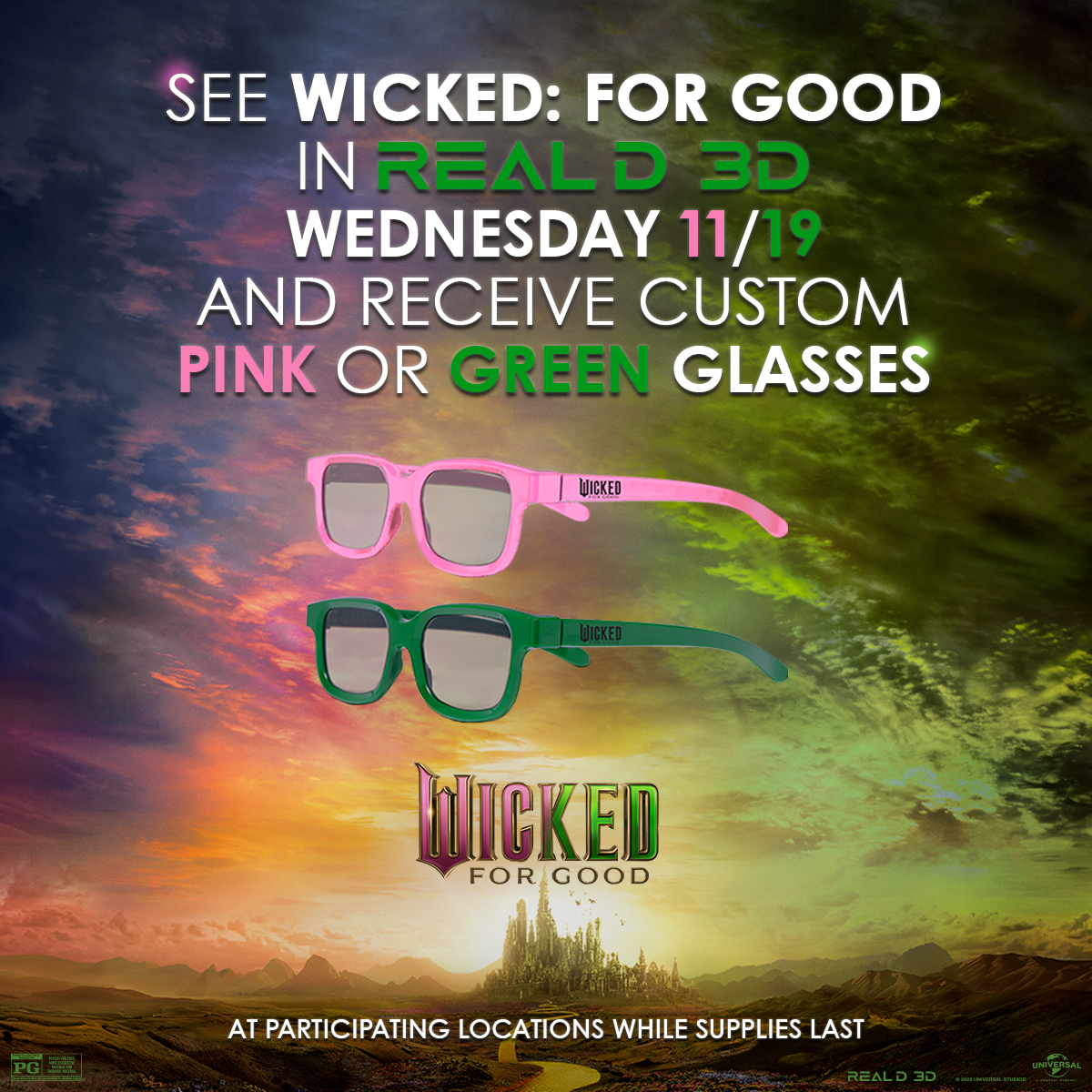 AMCTheatres's tweet photo. See Wicked For Good on 11/19 in RealD at AMC Theatres and get swankified with custom pink or green 3D glasses, while supplies last! https://t.co/FKFU0b3DVG https://t.co/8MNM2omGJy