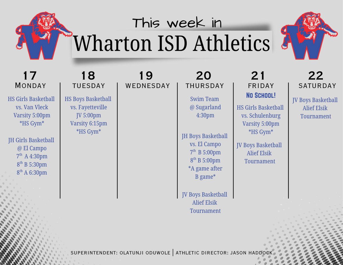 🏈 season may be over but 🏀and 🏊‍♂️are in full session! Lots of chances to support our hoopers this week! Great week to be a Tiger!
#TigerPrideRising #RestoreTheRoar