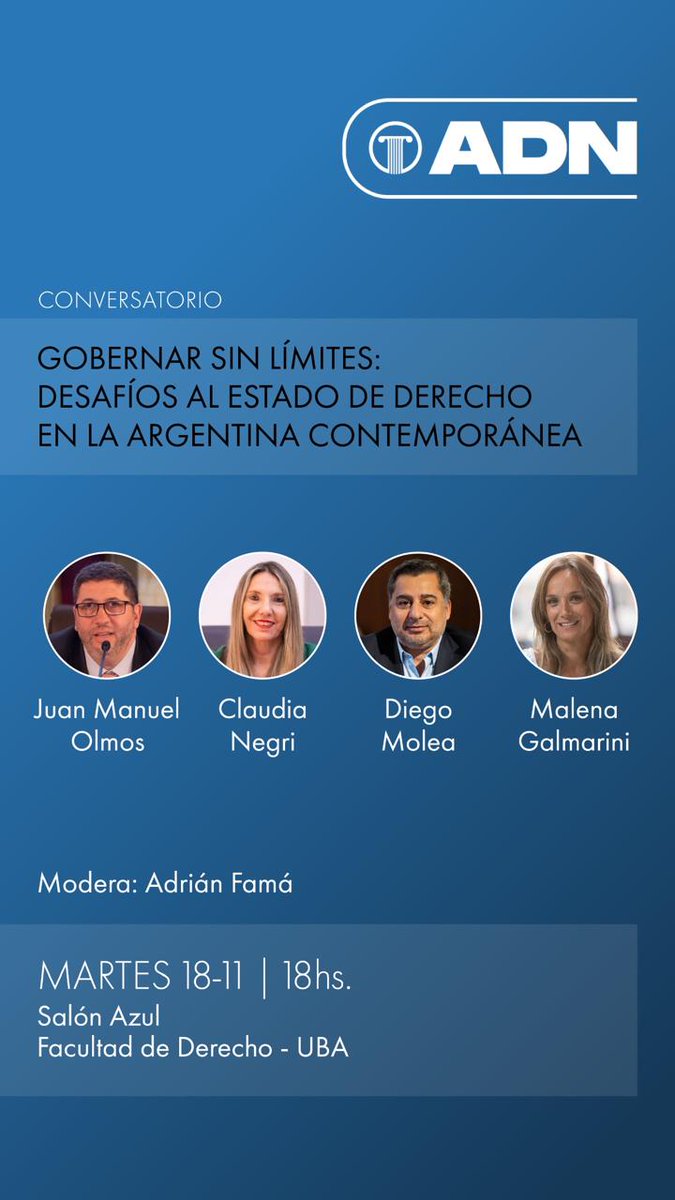 Mañana en <a href="/DerechoUBA/">Facultad de Derecho</a> conversaremos con Juan Manuel Olmos, Claudia Negri y Malena Galmarini. 
Los esperamos