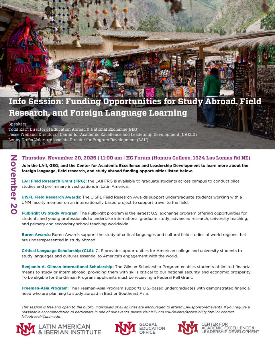 Save the Date!

Info Session for Funding Opportunities for Study Abroad, Field Research, and Foreign Language Learning

Thursday November 20th, 11 am

Located at the HC Forum (Honors College, 1924 Las Lomas Rd NE)

We hope to see you there!