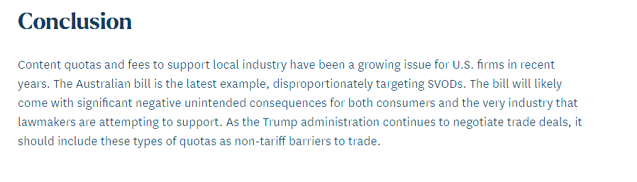 My latest with <a href="/kristianstout/">kristian stout</a> on an Australian content quota bill like that is currently working through the legislature. We've been seeing these bills around the world, largely target American tech companies, and present significant non-tariff barriers to trade.
