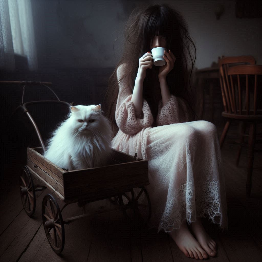 おはようございます！

タイトル「白い猫と魔性の女」
寒さも増してきましたので貞子さんにニットをプレゼントしました