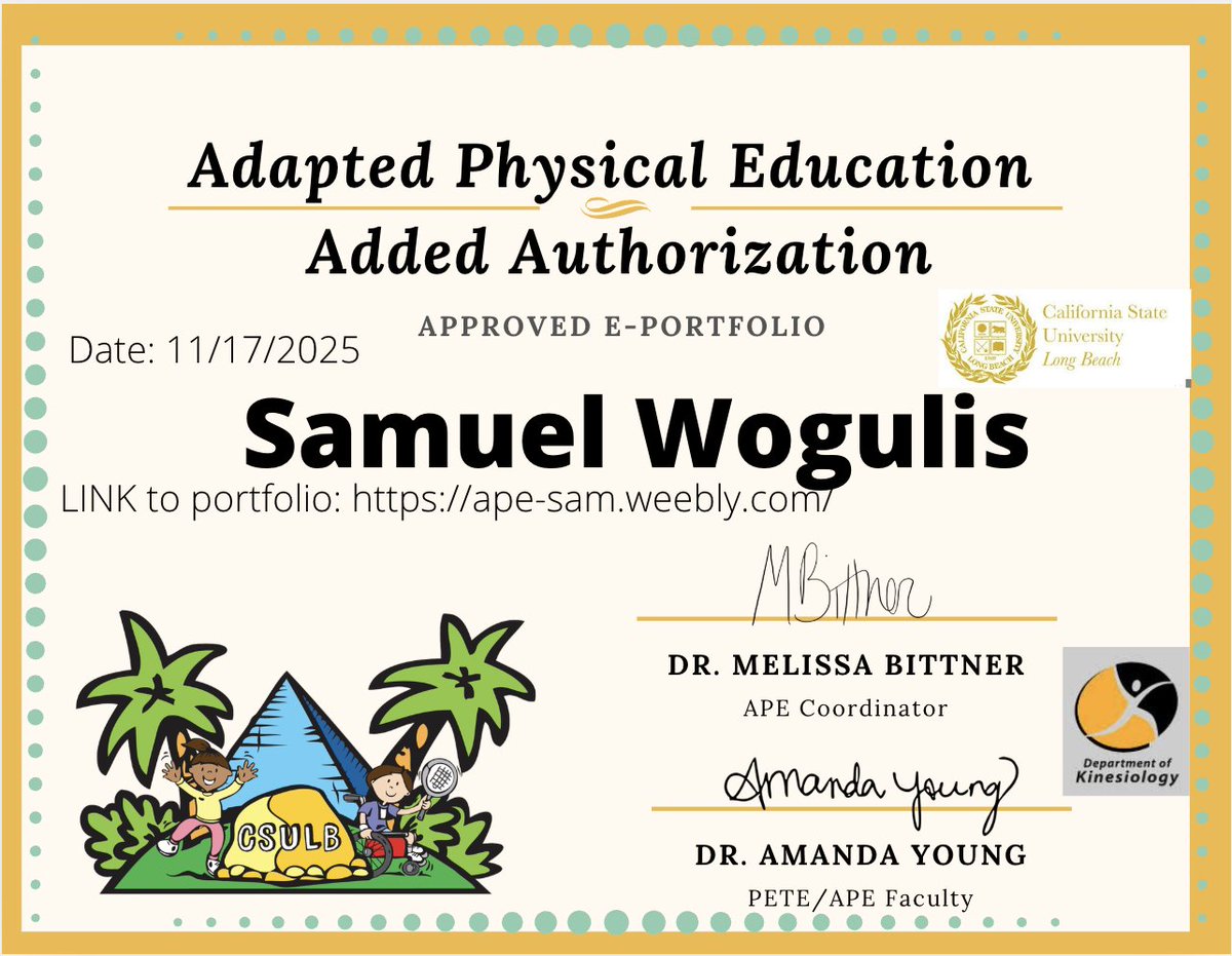 CSULB_APE's tweet image. Congratulations to Samuel Wogulis for completing his APE Added Authorization! Check out his e-portfolio: ape-sam.weebly.com