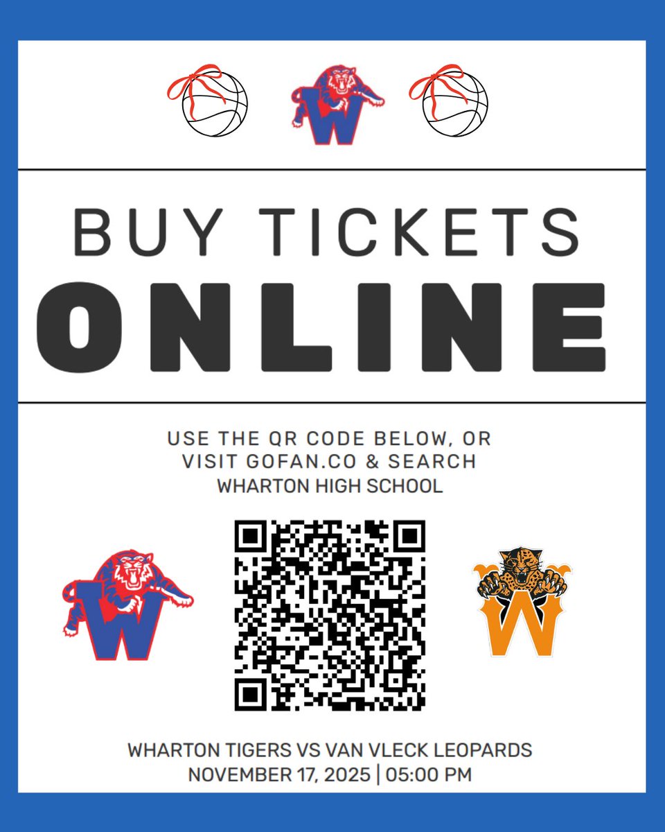 GAME DAY!!! 
🏀Varsity Girls Basketball vs Van Vleck
📆11/17/25
🕕️ 5:00pm
📍Wharton High School - Wharton, TX
🎟️gofan.co/event/5218491?…
