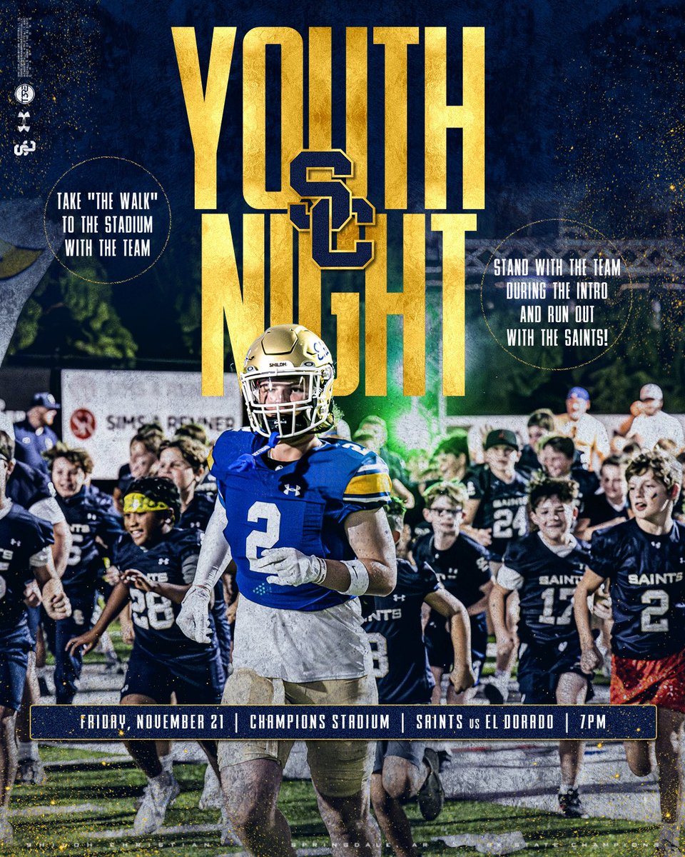 YOUTH NIGHT will be this Friday night as the Saints take on El Dorado in the State Quarterfinals. The Youth Saints will wear their navy jerseys &amp; participate in all pregame events with the Saints! Your grade Coach should be contacting you with details. See you there Friday night!