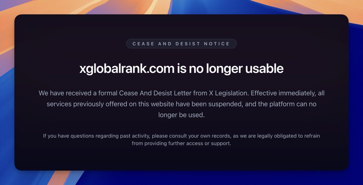 seloesque's tweet image. due to a cease and desist letter received by @X 

xglobalrank.com and x-graphs.com are hereby deprecated and no longer accessible

all active subscriptions have been cancelled and refunded
