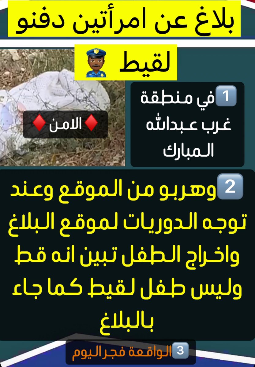 🔴 بلاغ عن امرأتين دفنتا طفلًا في منطقة غرب عبدالله المبارك…

ورد بلاغ فجر اليوم عن قيام امرأتين بدفن طفل في البر، ولاذتا بالفرار من الموقع.
وعند وصول الدوريات والتأكد من البلاغ، تبيّن أنه قط وليس طفلًا لقيطًا كما ورد في الاتصال….