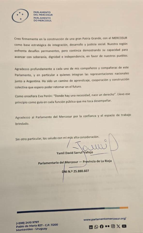 Hoy he presentado mi renuncia al cargo de Parlamentario del Mercosur de la Pcia. de La Rioja. Quiero agradecer al pueblo de la provincia por haberme brindado esta posibilidad de representarlos y a <a href="/QuintelaRicardo/">Ricardo Quintela</a> por la confianza depositada en mí. Gracias ✌️.