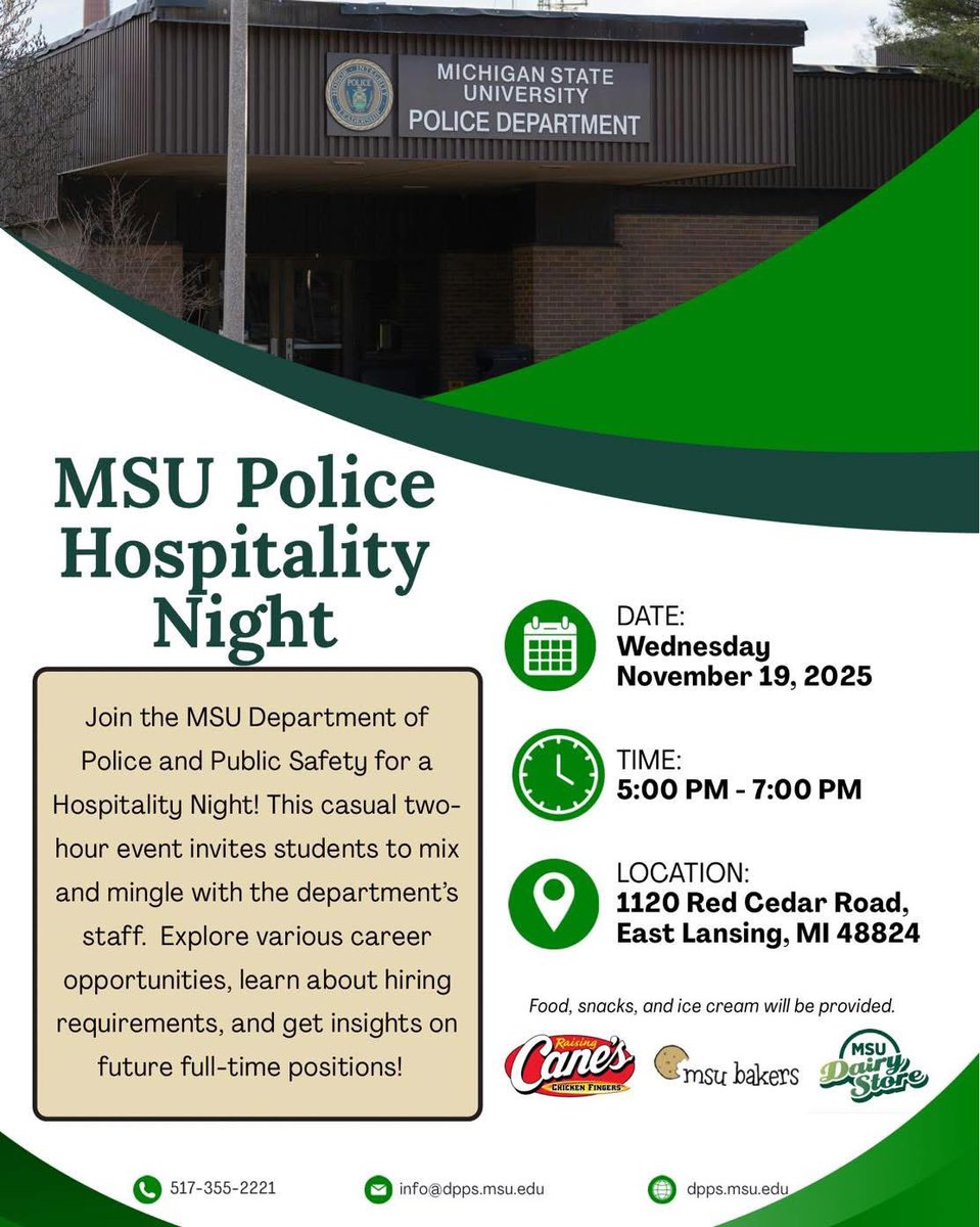msupolice's tweet image. Curious about careers in public safety? Join MSU Police at our Hospitality Night!

📅 Wednesday, Nov. 19
🕔 5–7 PM
📍 1120 Red Cedar Road, East Lansing

#MSUPolice #HospitalityNight #MSUEvents #PublicSafetyCareers #SpartanCommunity