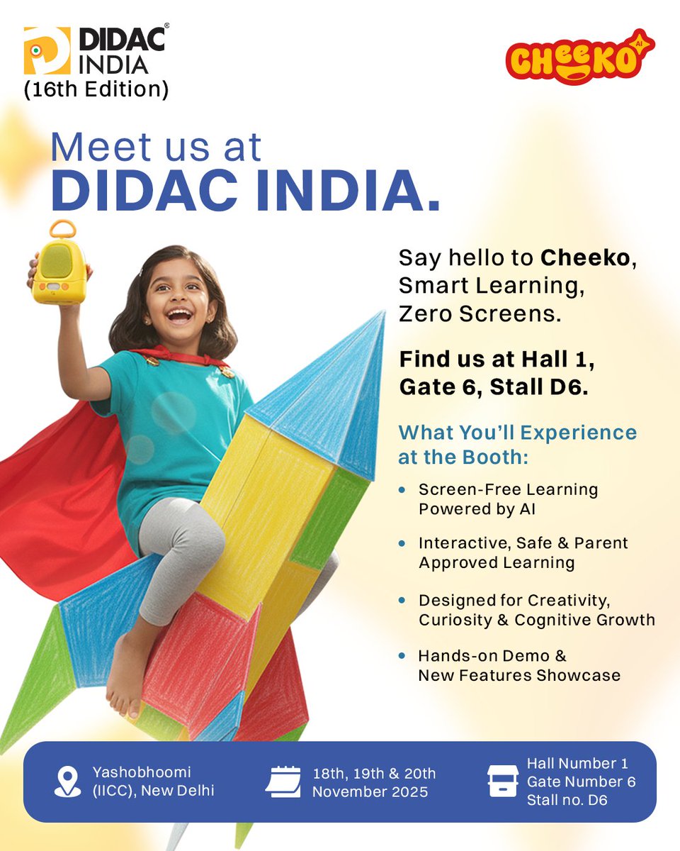 Cheekoai's tweet photo. Meet Cheeko at DIDAC India!💛

Smart learning, zero screens, designed for curious young minds.

📍 Hall 1, Gate 6, Stall D6

Explore Cheeko AI: https://t.co/OgYTxsBu5a

#DIDACIndia2025 #CheekoAI #AI #ToyForKids https://t.co/EaTbi5Vyoz