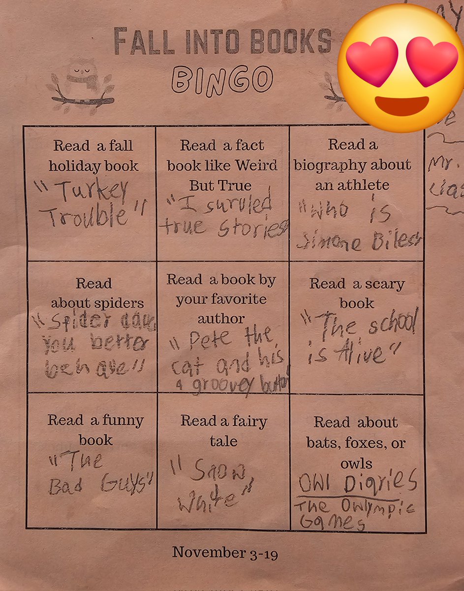 SneedESLibrary's tweet image. Our 2nd-4th grade Fall Into Books Bingo #ReadingChallenge is due this week! @Aliefsneed