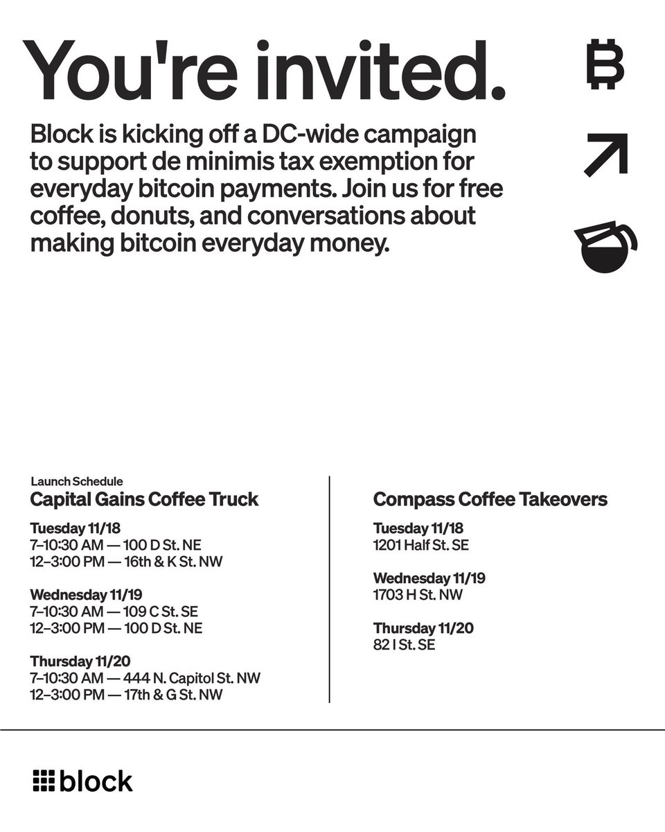 Test out Bitcoin payments @CompassCoffeeDC and free coffee from @Square.  Find the Capital Gains Coffee Truck or stop by Compass. @milessuter @jack  @CashApp @MartyBent @blocks