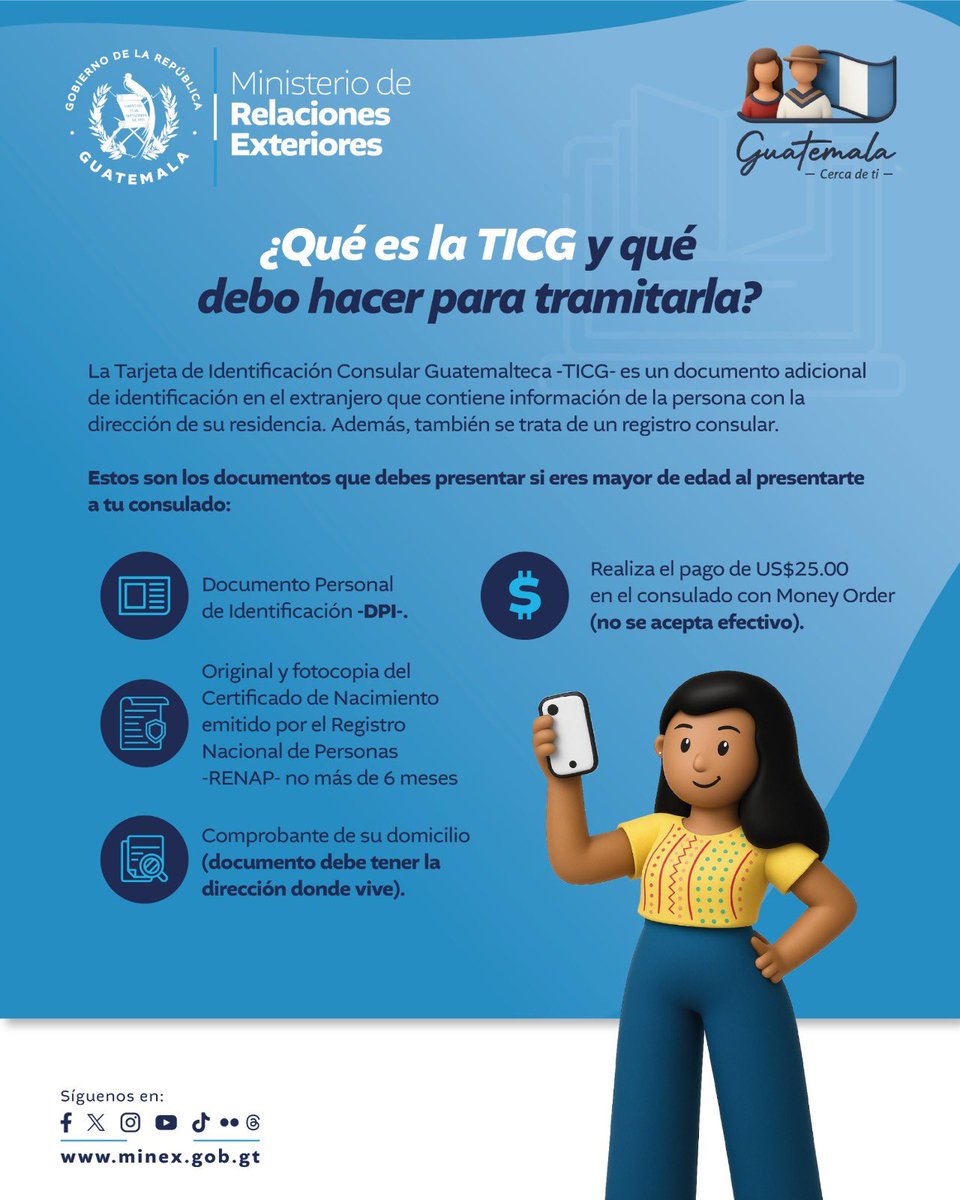 #GuatemalaCercaDeTi🇬🇹 | La Tarjeta de Identificación Consular Guatemalteca (TICG) te respalda mientras vives en EE. UU., certificando tu identidad y domicilio. Se emite en español e inglés, para facilitar tus gestiones. 

Recuerda: no es necesario programar una cita.