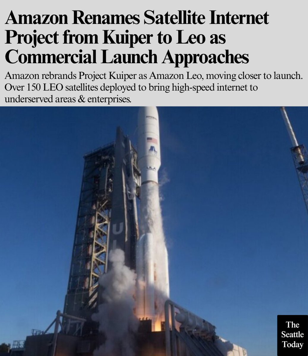 Seattletoday__'s tweet photo. Amazon rebrands Project Kuiper as Amazon Leo, moving closer to launch. Over 150 LEO satellites deployed to bring high-speed internet to underserved areas & enterprises. Early partners include JetBlue & L3Harris. Speeds >1 Gbps. 

#AmazonLeo #SatelliteInternet #SpaceTech #LEO #Connectivity
