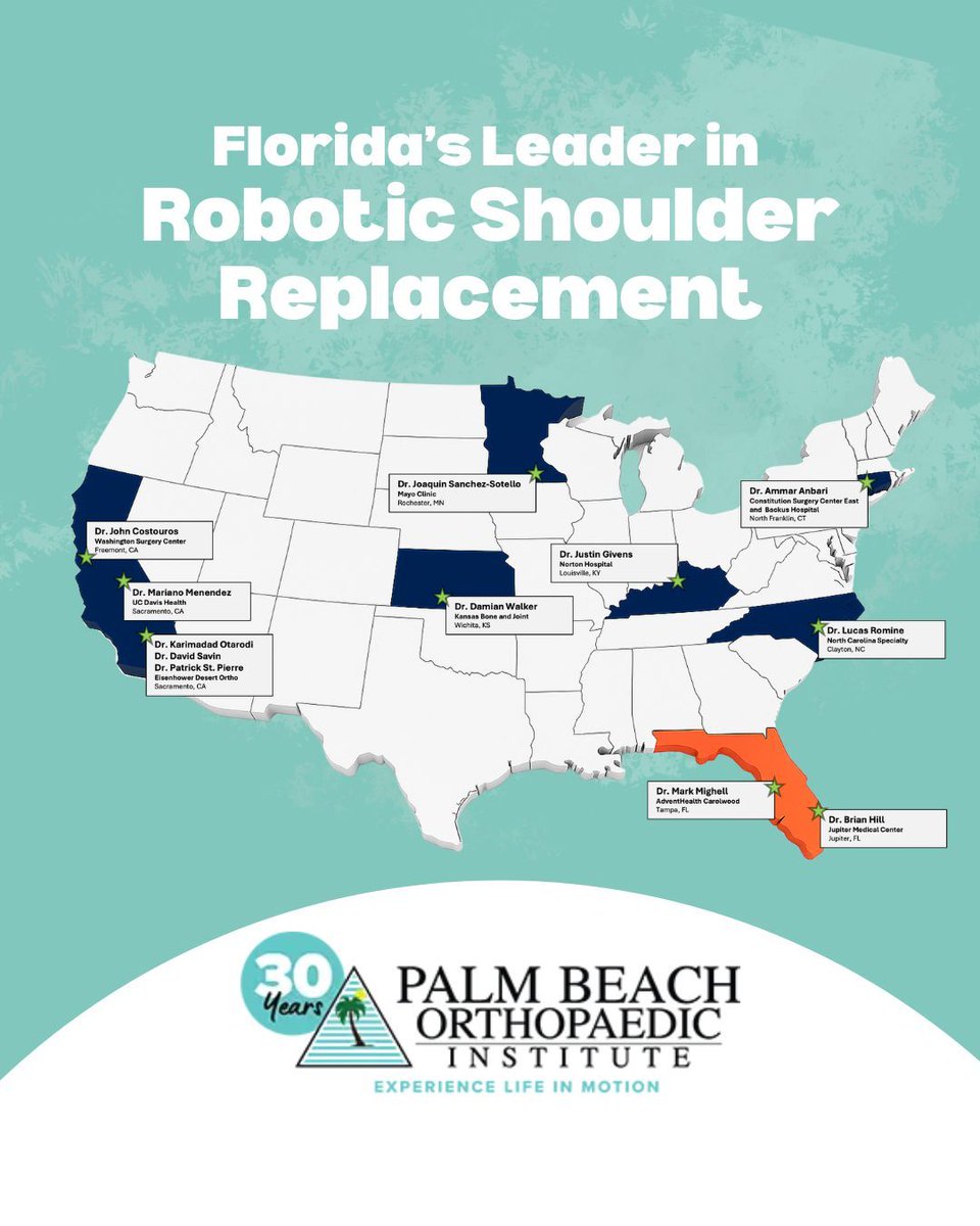 #PalmBeachOrthopaedicInstitute is proud to represent one of only 10 sites nationwide offering #StrykerMako #RoboticShoulderReplacement Surgery.  Dr. Brian Hill is honored to be part of the early group of surgeons shaping the future of #roboticshoulderarthroplasty.  #BrianWHillMD