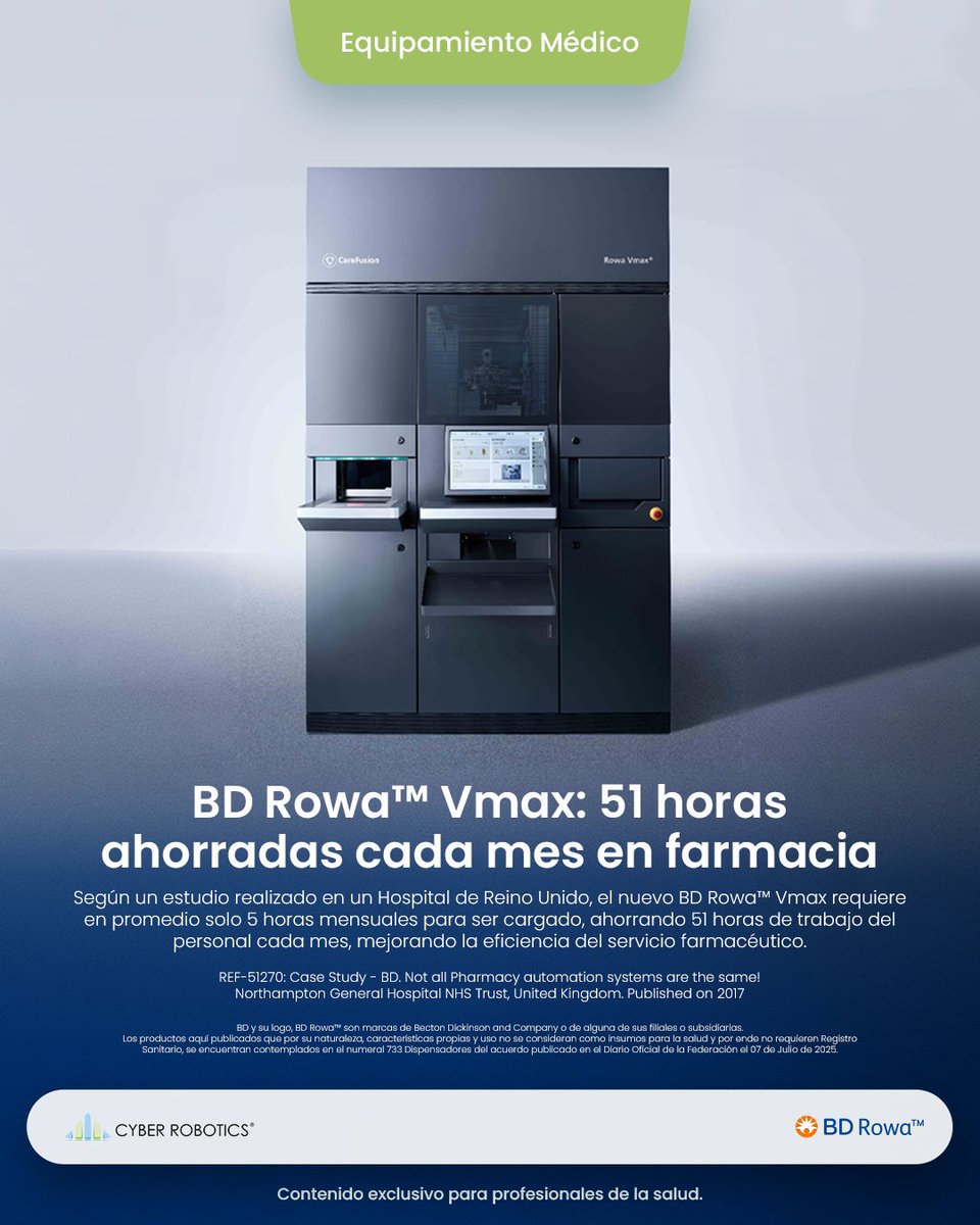 CyberRobotics's tweet image. 🚀 Automatización inteligente para farmacias más eficientes.
BD Rowa™ Vmax requiere solo 5 horas mensuales para carga, permitiendo ahorrar hasta 51 horas de trabajo. Una solución real para mejorar la productividad en servicios farmacéuticos.
#CyberRobotics #BDRowaVmax
