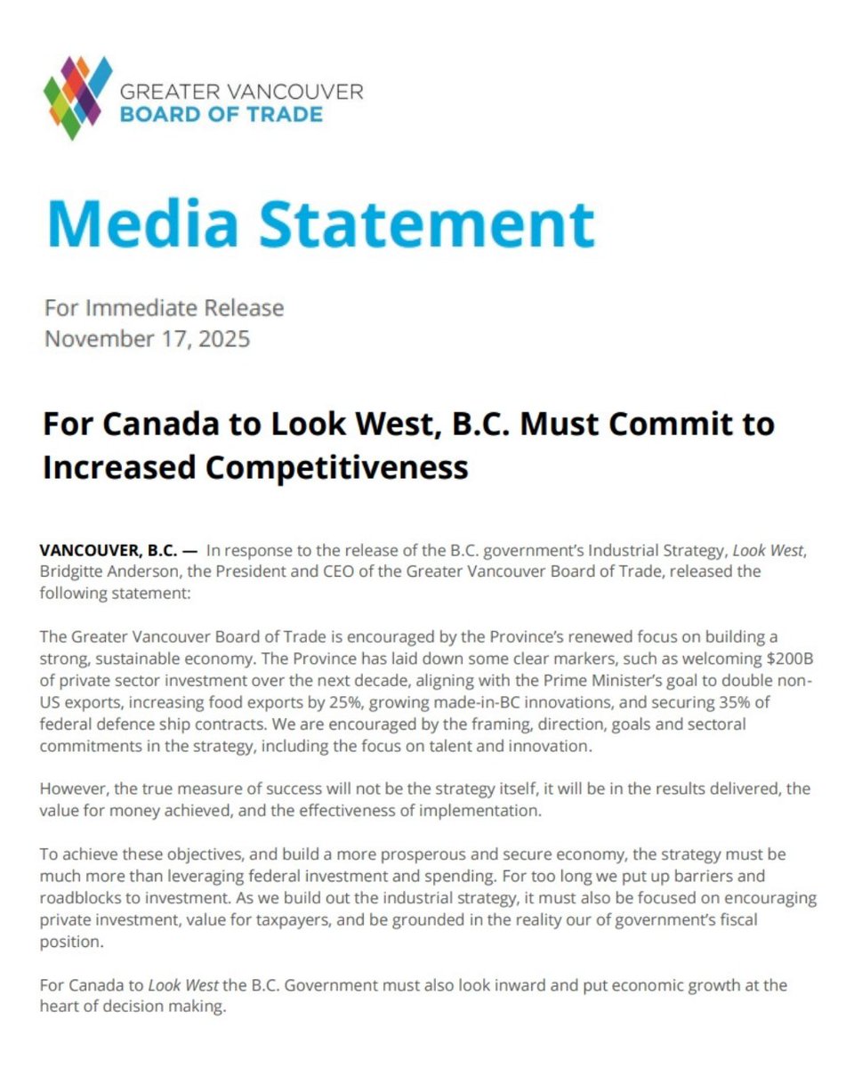 BoardofTrade's tweet image. See GVBOT President &amp;amp; CEO Bridgitte Anderson’s full statement on the B.C. government’s Industrial Strategy, Look West. (1/3)
#bcpoli #LookWest #IndustrialStrategy #cndpoli