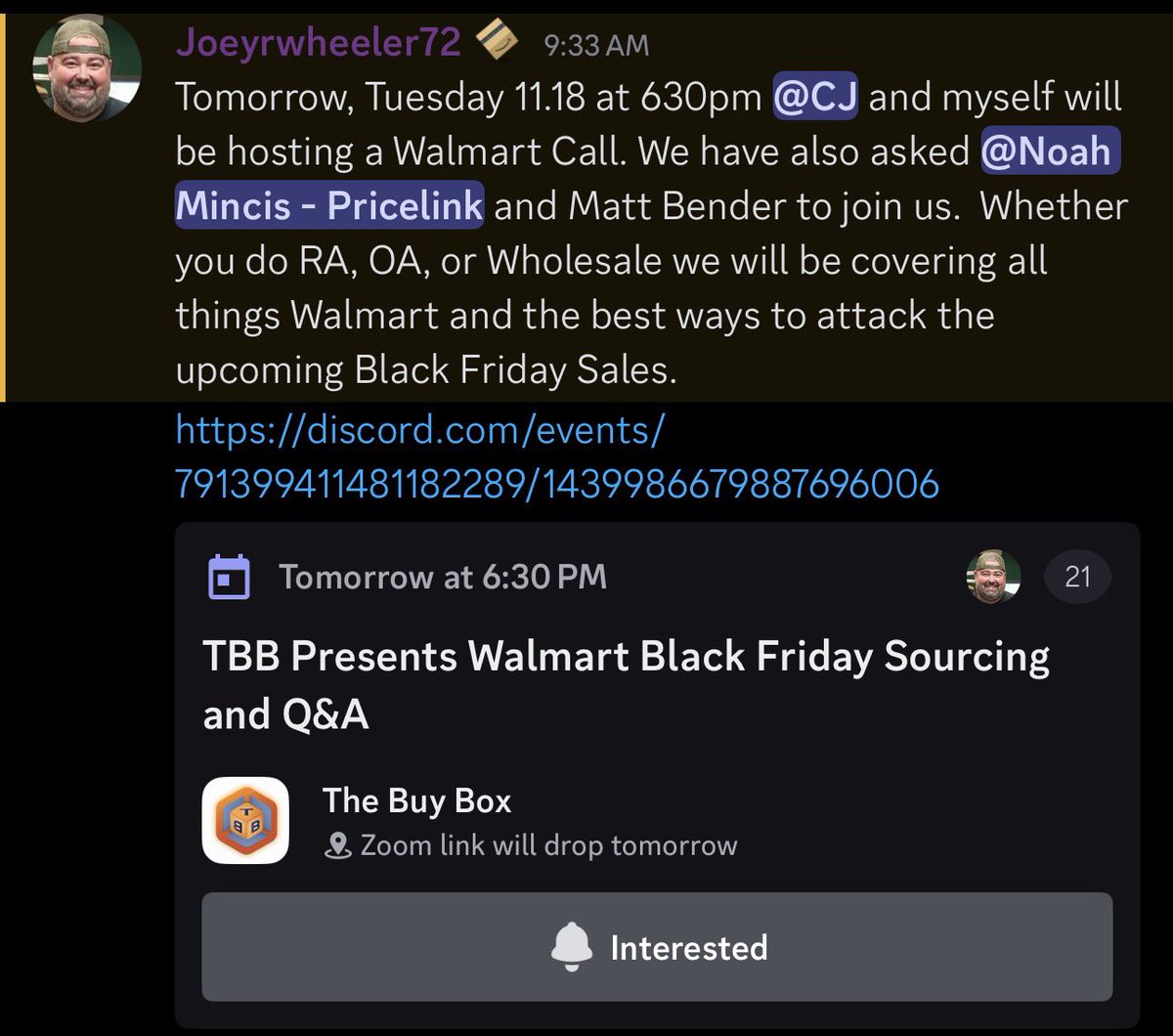 Q4 Walmart panel for <a href="/thebuyboxio/">The Buy Box 📦</a> tomorrow gonna be be 🔥

Curious to hear what <a href="/Joeyrwheeler72/">Joseph Wheeler</a> <a href="/noahmincis/">Noah Mincis | Walmart Marketplace Seller</a> and @bendersells are going to be focusing on for Walmart as we approach Black Friday and enter December. I know I’ve held back on sourcing a bit vs last year till BFCM.