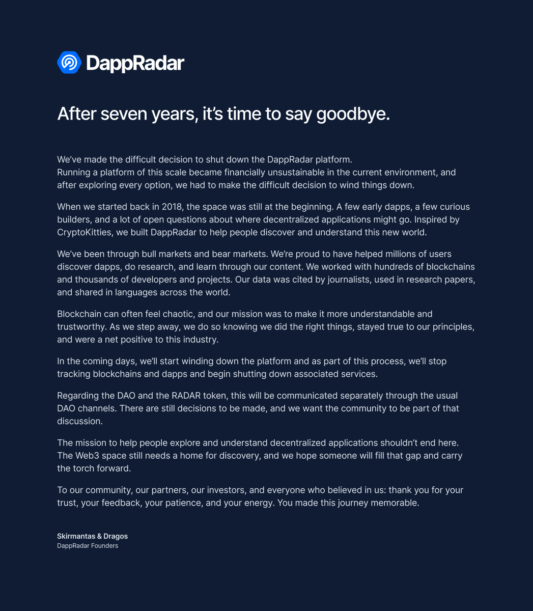 Furedata's tweet image. NEW: DappRadar is shutting down. Decisions on the DAO and $RADAR token will be communicated via community channels.